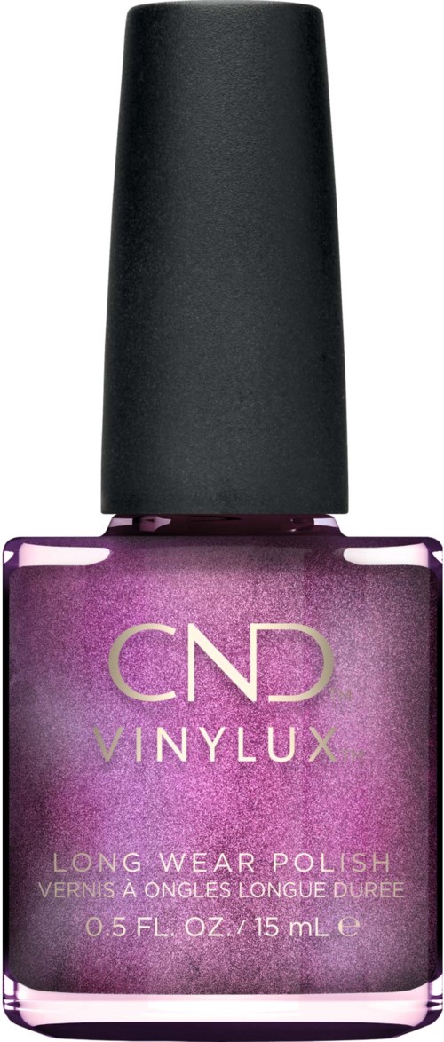 En lila flaska med CND Vinylux nagellack med svart lock.