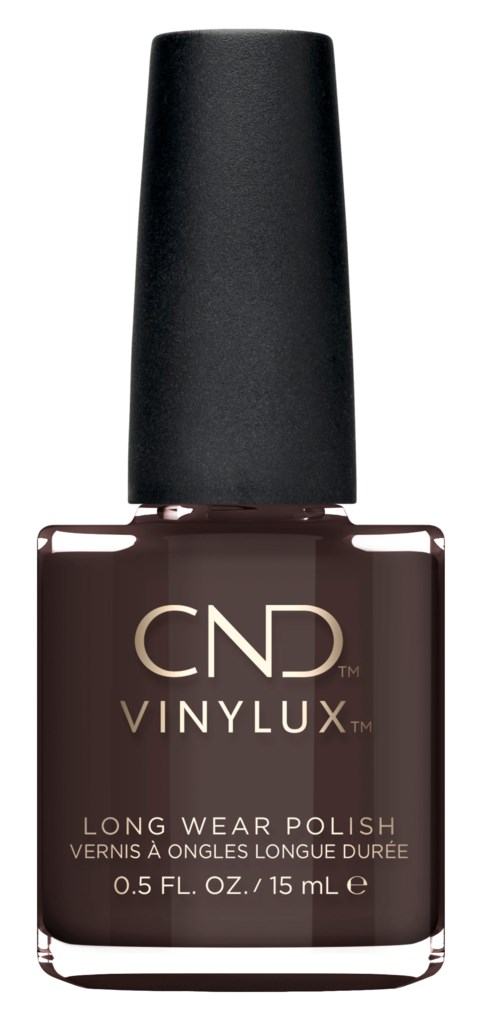 En brun nagellackflaska med svart lock, märkt CND VINYLUX, långvarig nagellacksfärg.