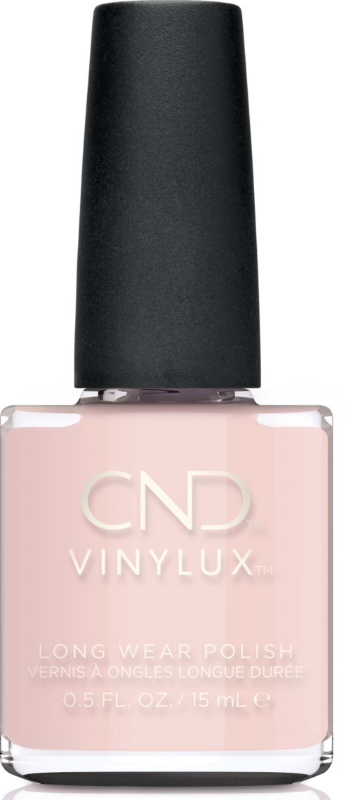 En flaska med rosa nagellack med svart lock och vit text, märkt CND Vinylux.