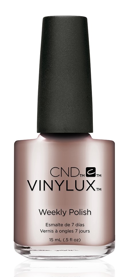 En flaskor med rosa nagellack med svart lock, märkt 'CND VINYLUX Weekly Polish' och annan mindre text.