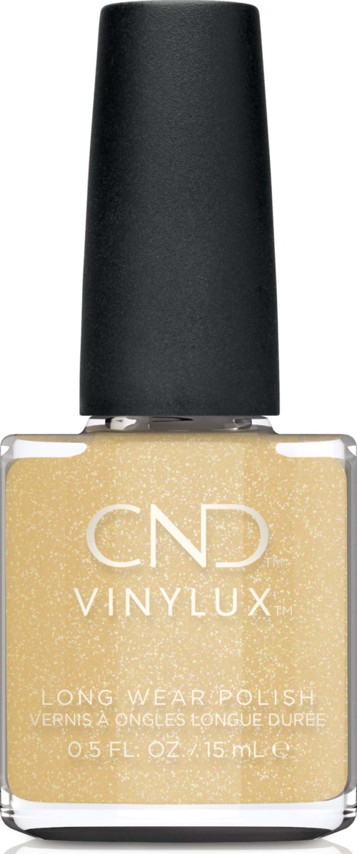 En flaska ljusgul nagellack med svart lock, märkt 'CND VINYLUX Long Wear Polish'.