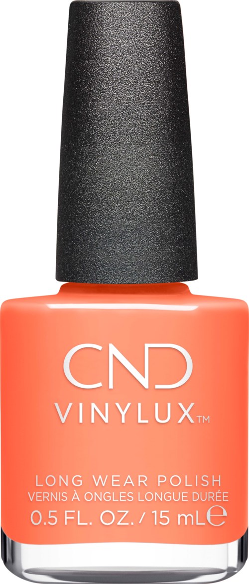 Nagellackflaska med svart lock, korallfärgad och vit text med märkning och produktinformation.