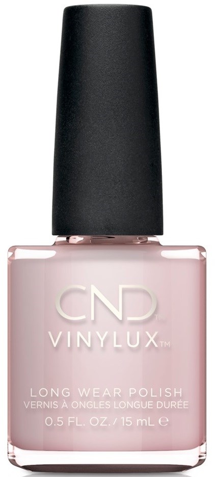 En flaska ljusrosa nagellack med svart lock, märkt CND Vinylux Long Wear Polish.