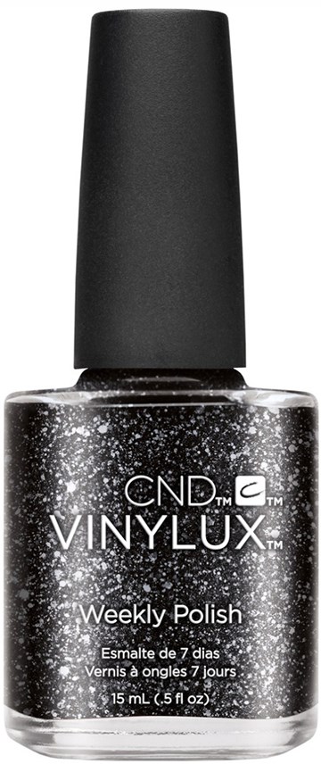 En svart hatt ovanpå en flaska nagellack med vita prickar och vit text. Märket är CND VINYLUX.