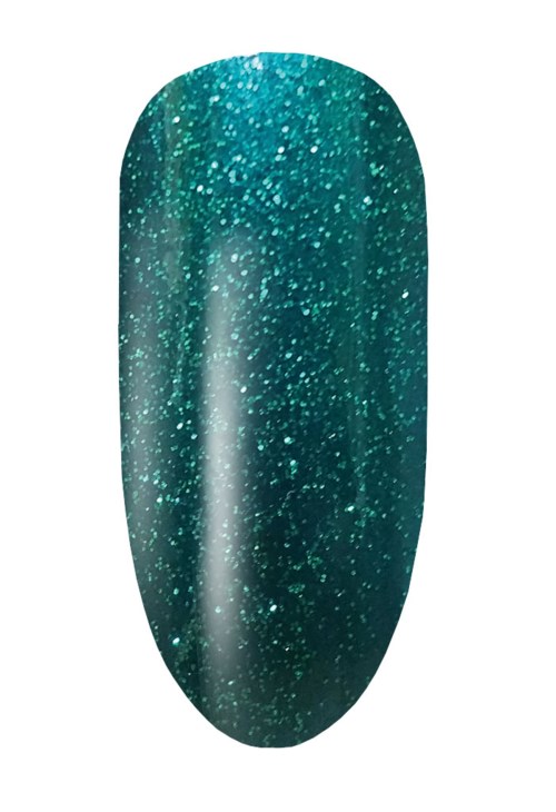 En nagel med mörkgrön färg och glitterglitter.