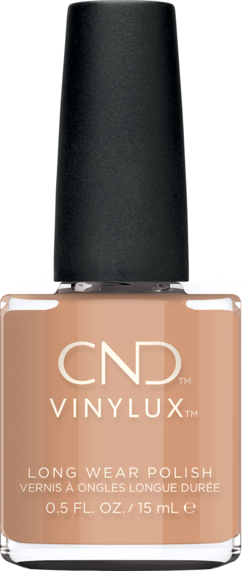 Butelka lakieru do paznokci CND Vinylux o długotrwałym działaniu w kolorze beżu z czarnym capem.