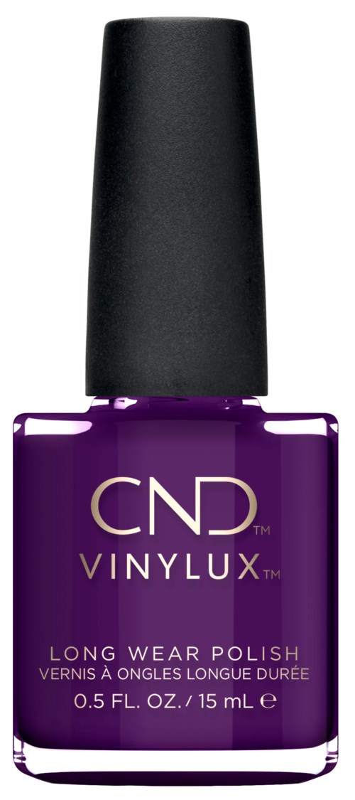 En liten lila flaska med långvarig nagellack och svart lock. Etiketten visar varumärket CND Vinylux.