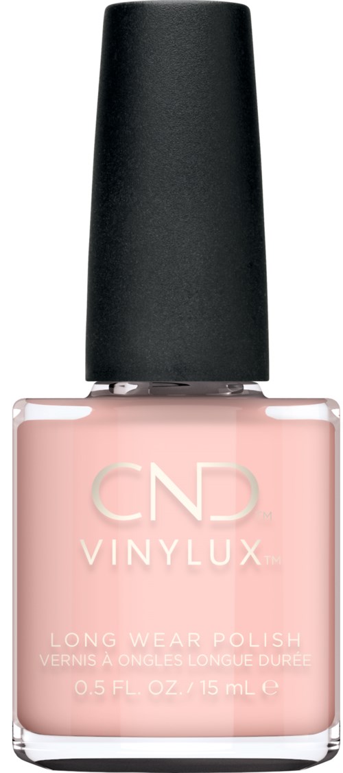 Lyserød neglelak i en klar flaske med sort låg, mærket CND VINYLUX, til langvarigt brug.