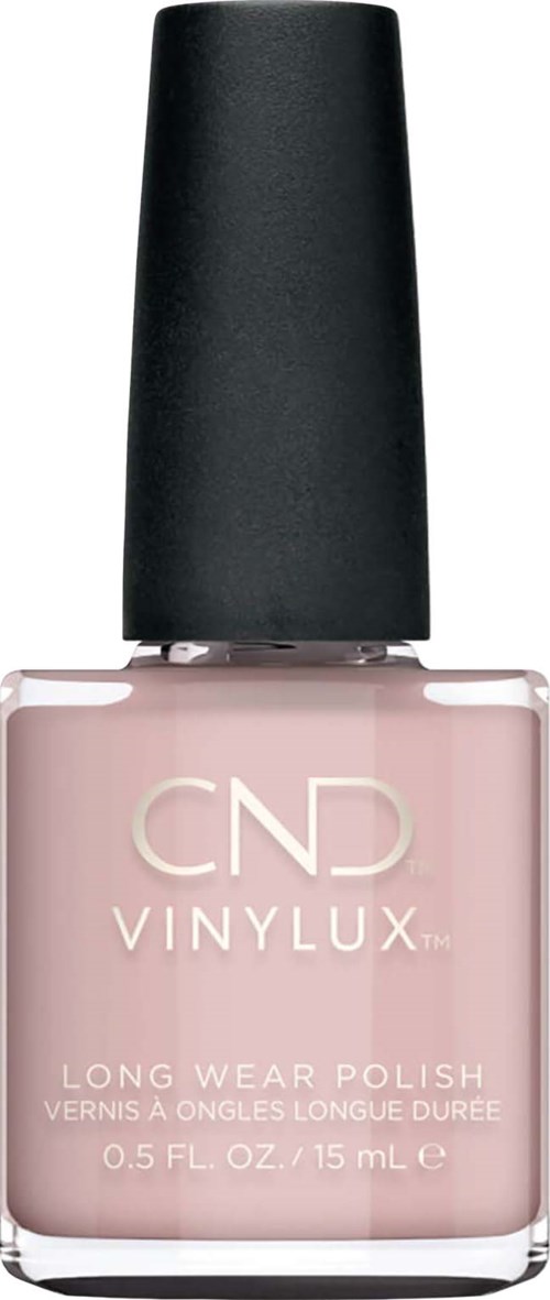 En ljusrosa nagellackflaska med svart kork, märkta 'CND VINYLUX Long Wear Polish' och storleksdetaljer.