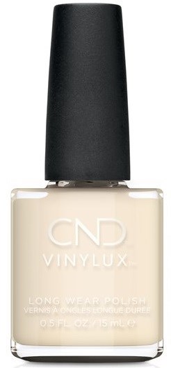 En flaska med ljusbeige nagellack med svart lock, märkt 'CND VINYLUX Long Wear Polish.'