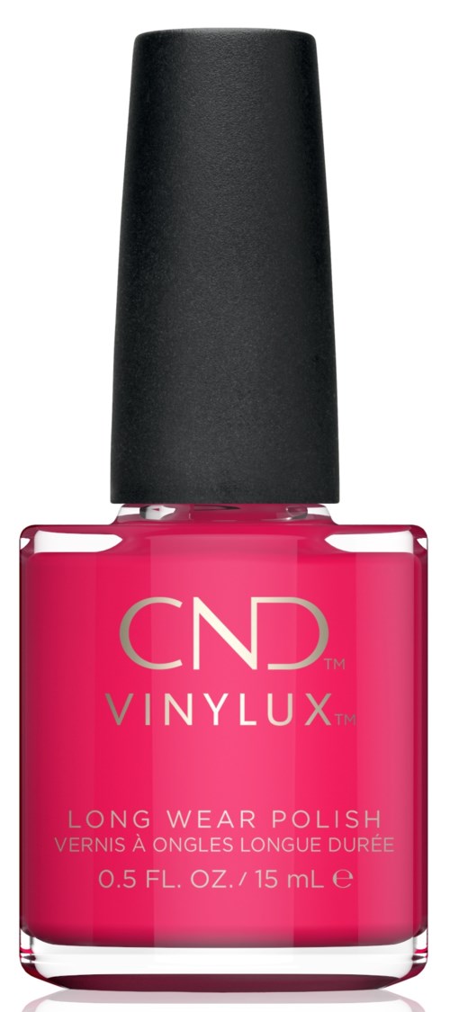 En flaska ljusrosa nagellack med svart lock, märkt CND VINYLUX, långvarigt nagellack, 0,5 fl oz.