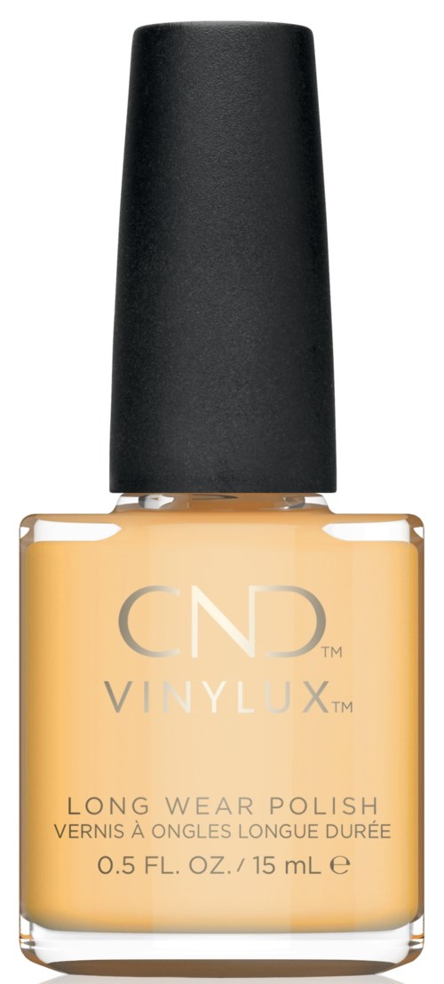 En beige nagellacksflaska med svart lock från CND Vinylux, märkt som långvarig lack.