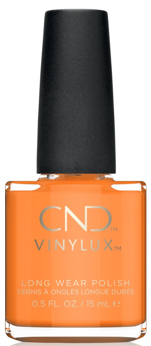 Orange nagellackflaska med svart lock, märkt CND Vinylux, Long Wear Polish, 0,5 fl oz.