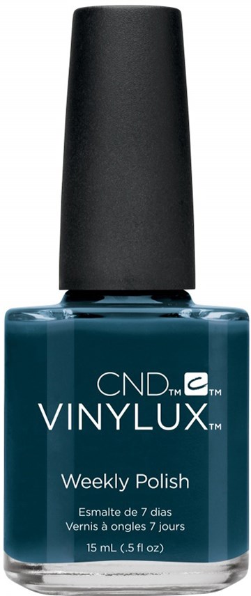 Mörkblå nagellacksflaska med svart lock, märkt 'CND VINYLUX Weekly Polish, 15 mL.'