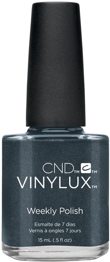 Blå nagellackflaska med svart lock, märkt CND VINYLUX Weekly Polish, 15 ml.