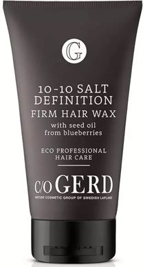 En svart tube merket '10-10 Salt Definition Firm Hair Wax' med ingredienser og merkeinformasjon for hårstyling.