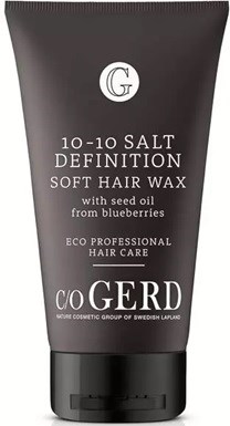 En svart tube med hårvoks merket '10-10 Salt Definition Soft Hair Wax' med blåbærfrøolje, miljøvennlig og svensk Lapas.