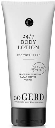 En hvit tube med kroppslotion med svart lokk, merket 24/7 Body Lotion, økologisk, sensitiv, parfymefri, vegansk.
