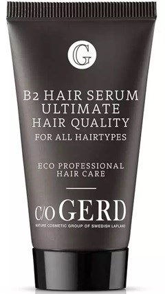 Svart tube med hvit tekst: B2 Hair Serum for alle hårtyper, økologisk, av Gerd fra Swedish Lapland.