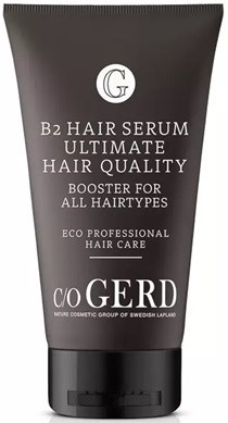 En svart tube med hårserum merket 'Gerd B2 Hair Serum Ultimate Hair Quality' for alle hårtyper, miljøvennlig.