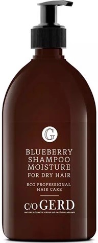 En brun flaska med svart pump märkt 'Blueberry Shampoo Moisture for Dry Hair' av Coger, för hårvård.