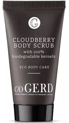 En svart tube merket 'Cloudberry Body Scrub' med hvit tekst og en liten logo øverst.
