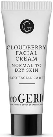 En hvit tube med Cloudberry ansiktskrem for normal til tørr hud med svart lokk og svart og grå tekst.