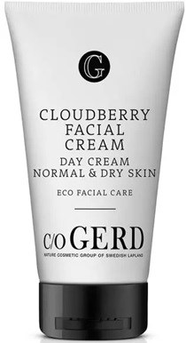 En vit tub med Cloudberry ansiktskräm för normal och torr hud av c/o GERD. Svart lock. Enkel design.