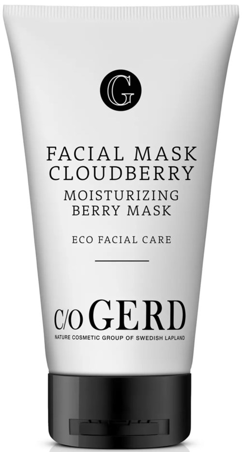 En hvit tube merket 'Facial Mask Cloudberry' med svart hette, som fremmer fuktgivende bærmaske for økologisk ansiktspleie.