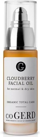 En flaske med cloudberry ansiktsolje på hvit bakgrunn, merket for normal og tørr hud, med økologiske ingredienser.