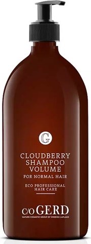 En brun sjampoflaske med pumpe, merket 'Cloudberry Shampoo Volume' for normalt hår, og 'Eco Professional Hair Care'.