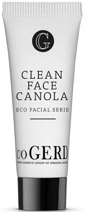 Ein weißer Tube Gerd Clean Face Canola Eco-Gesichtspflege mit schwarzem Text und Deckel.