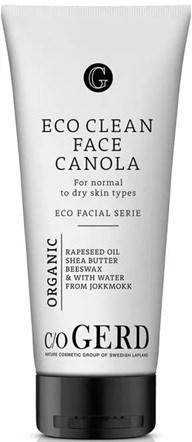 Weiße Tube mit Gesichtsreiniger 'Eco Clean Face Canola' mit Inhaltsstoffen wie Sheabutter und Bienenwachs.