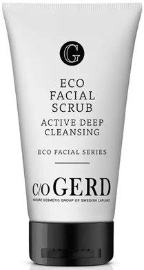 En hvit tube med svart lokk, merket 'ECO FACIAL SCRUB' for dyp rens, fra C/O GERD økologisk serie.