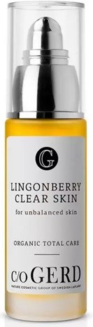 En gul tube merket Lingonberry Clear Skin krem for ujevn hud, med sølvhette og logo.