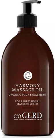 Die Flasche hat eine schwarze Pumpe und braunen Behälter, gekennzeichnet als Massageöl für Körper, von C/O Gerd.