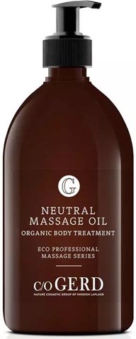 Ruskea pullo pumpulla, jossa lukee 'Neutral Massage Oil' kehon hoitoon ja rentoutukseen.