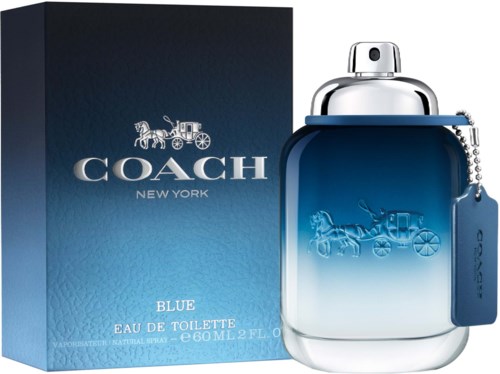 Butelka perfum i pudełko dla Coach Blue Eau de Toilette, oboje mają wzór konia i karety.