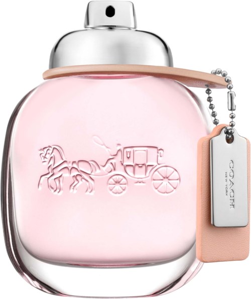 Różowa butelka perfum z srebrną nakrętką i etykietą, wyryty koni i powóz design.