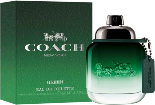 Grönt parfymflaska med Coach-logga och box, märkt 'Eau de Toilette'. Den är 40 ml. Enkel design.