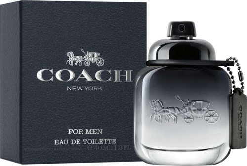 Czarna skrzynka i błyszcząca butelka perfum z logo wozu i konia, oznaczone Coach for Men Eau de Toilette.