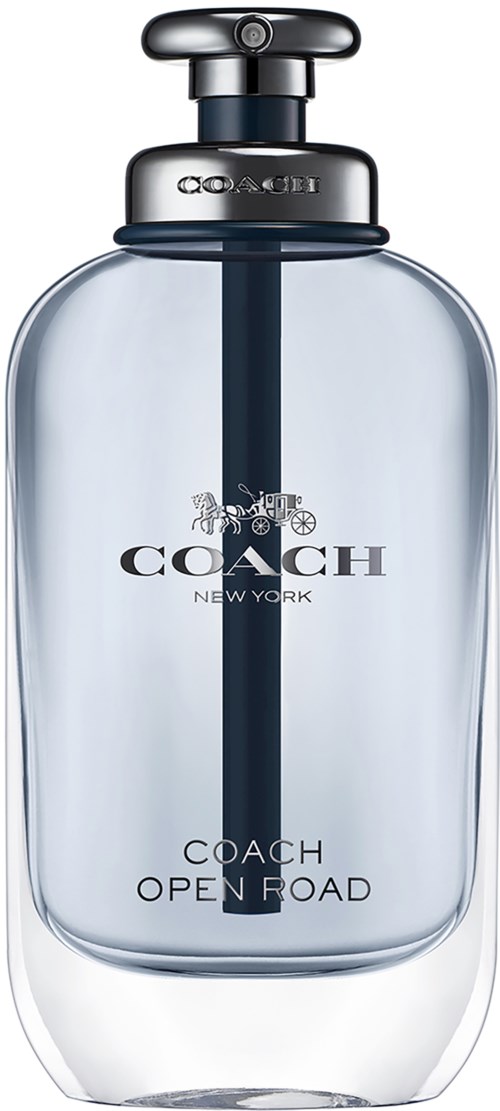 En tydlig sprayflaska med svart lock. Den har Coach-loggan och orden "Open Road" på framsidan.