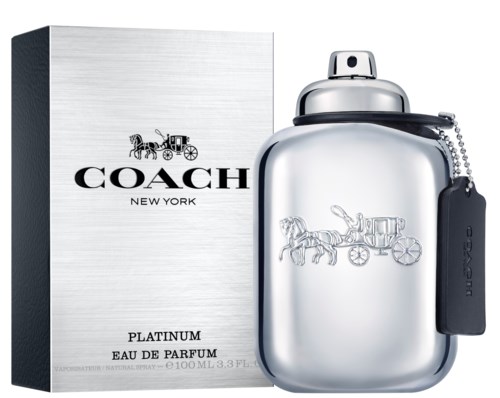 Hopea hajuvesilasi, jossa on hevonen ja vaunu -logo, ja vieressä laatikko nimeltä Coach Platinum Eau De Parfum.