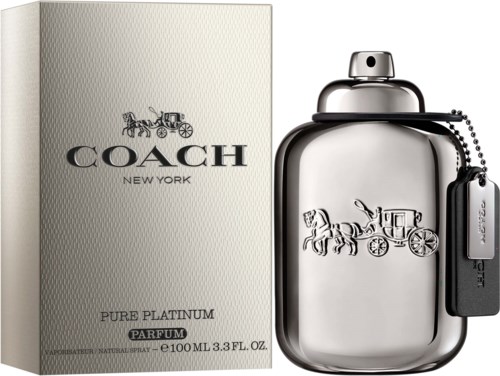 Flakon perfum i opakowanie z logo Coach i srebrnym wzorem konia i dorożki.