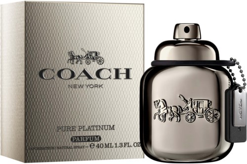 Butelka i opakowanie perfum Coach, oba srebrne z logiem konia i powozu, oznaczone Pure Platinum Parfum.