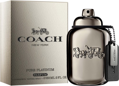 Butelka perfumu Coach i jej opakowanie, oba w srebrnym kolorze z logo konia z zaprzęgiem.