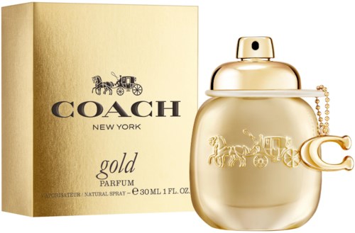 Złota butelka perfumu z pudełkiem, ma logo konia z wozem, i łańcuszek z literą C.