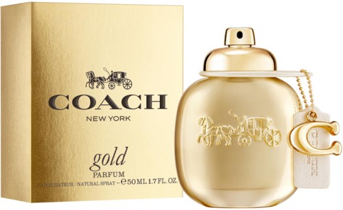 En gylden parfymeflaske med Coach-logo og matchende eske, som understreker luksus og eleganse.