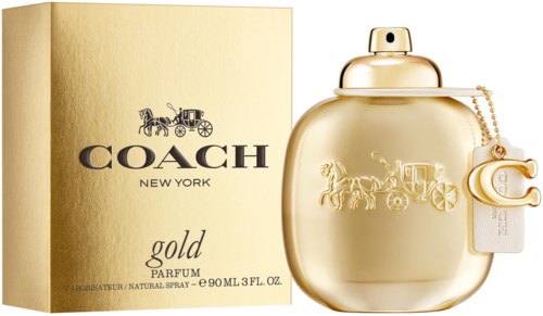 Gullparfymeflaske og boks med Coach-logo og hest-og-kjerre-design.