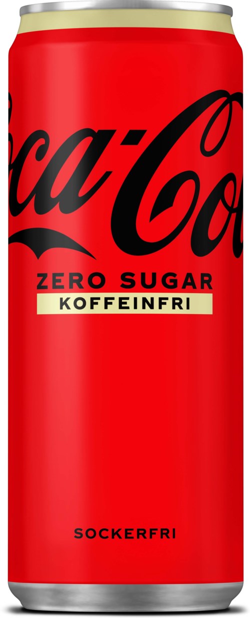 Een rode Coca-Cola-blik met zwarte en witte tekst, die nul suiker en cafeïnevrij aangeeft. Het ontwerp is eenvoudig en opvallend.